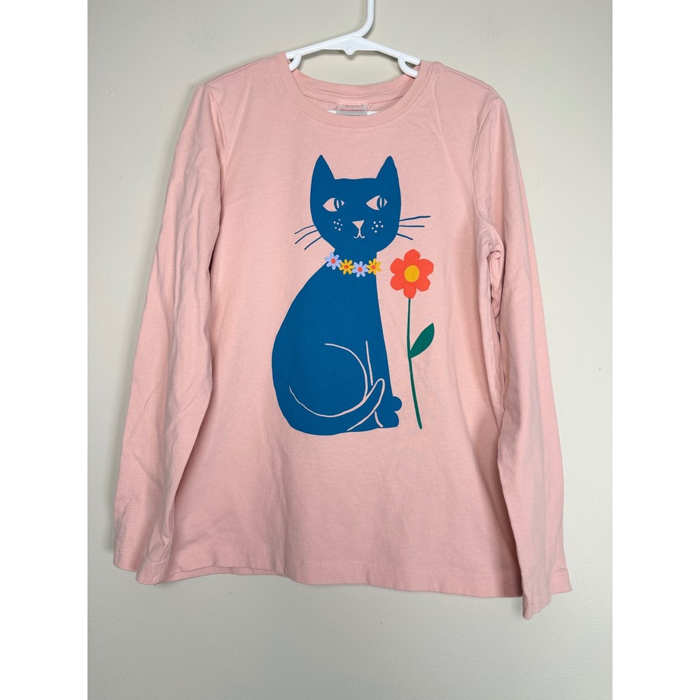 Hanna Andersson Girls Pink Blue Cat Flower Long Sleeve Graphic Tee Shirt Size 8